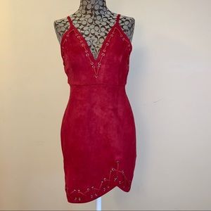 Faux Suede Sassy Red Mini Dress w Lacing Detail
